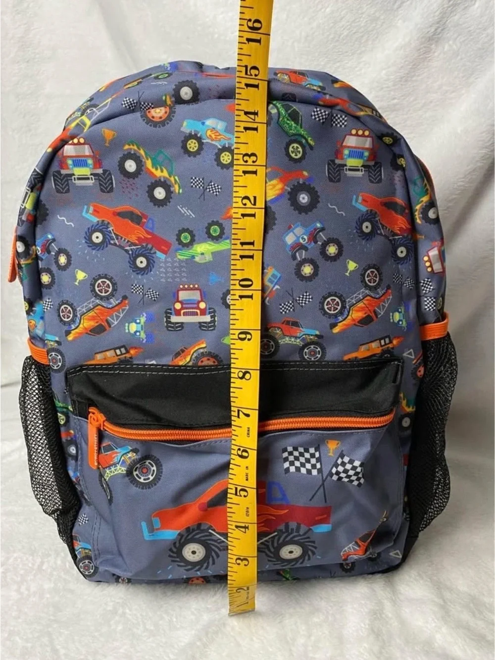 NWOT Kids Monster Truck Backpack Gray with Orange Accents 15’ height